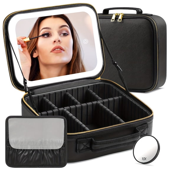 Travel Makeup Bag with LED Mirror; Makeup Case with a 3.5-inch 10X Magnifying Mirror and Large Capacity Brush, Lightweight Makeup Case, 3 Color Modes, Adjustable Brightness, Portable Makeup Case.