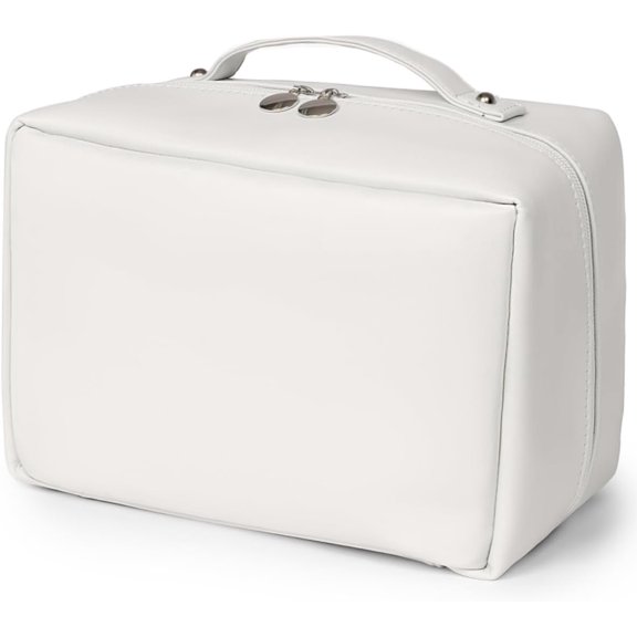 Travel Makeup Bag Large Capacity  Bags Flat Open Make up Bag with Multiple Compartments Portable Toiletry Bag  PU Leather Pouch for Women Beauty & Travel Essentials (White)