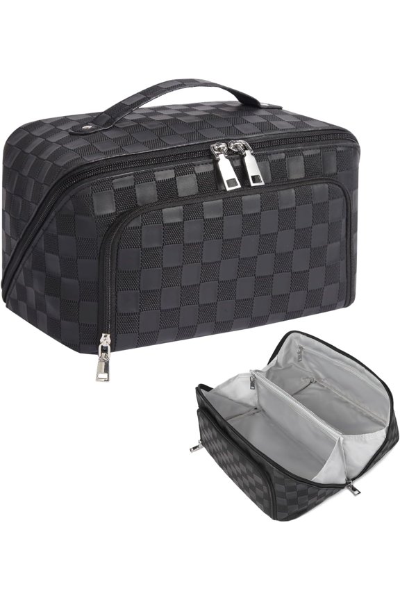 Travel Makeup Bag, Large Capacity Bags for Women, Lining and PU Leather Portable Pouch, Open Flat Toiletry Bag, Make up Organizer with Divider & Handle (Black)