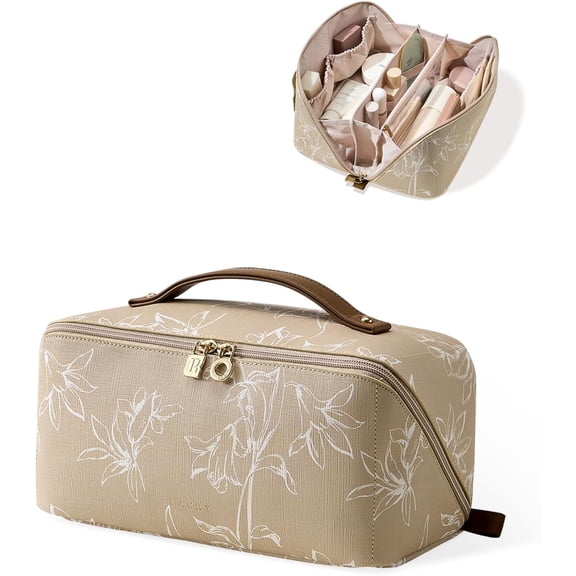 Travel Makeup Bag,Large Capacity Bags for Women, Portable Pouch Open Flat Toiletry Bag Makeup Bag (F-Brown-Large)