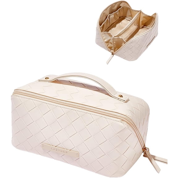 Travel Makeup Bag,Large Capacity Cosmetic Bags for Women,Waterproof Portable Pouch Open Flat Toiletry Bag Make up Organizer with Divider and Handle