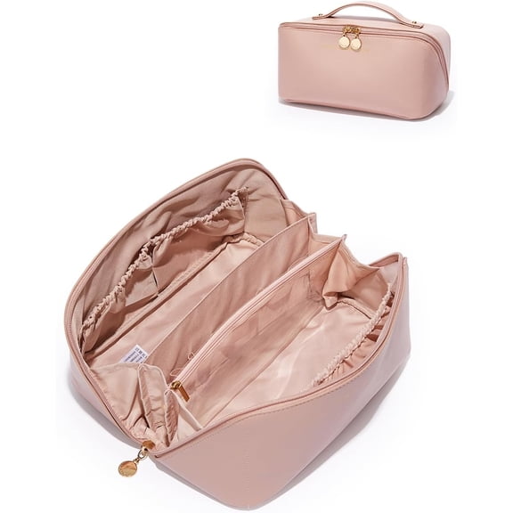 Travel Makeup Bag,Large Capacity Cosmetic Bags for Women,Waterproof Portable Pouch Open Flat Toiletry Bag Make up Organizer with Divider and Handle
