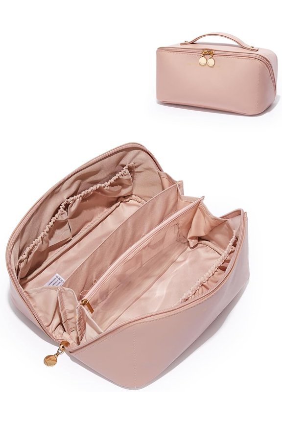 Travel Makeup Bag,Large Capacity Cosmetic Bags for Women,Waterproof Portable Pouch Open Flat Toiletry Bag Make up Organizer with Divider and Handle