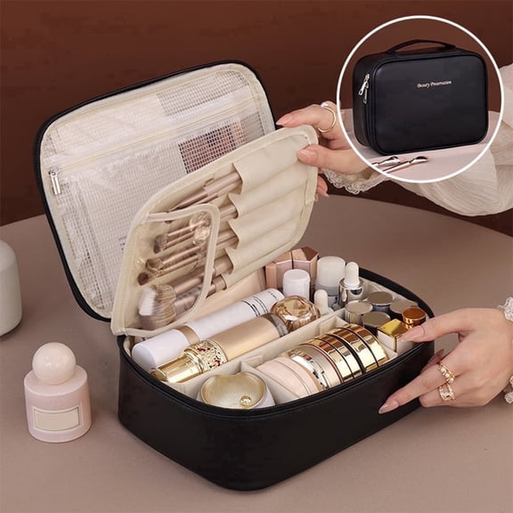 Travel Makeup Bag, Large Capacity Cosmetic & Toiletry Organizer Case for Women, Black