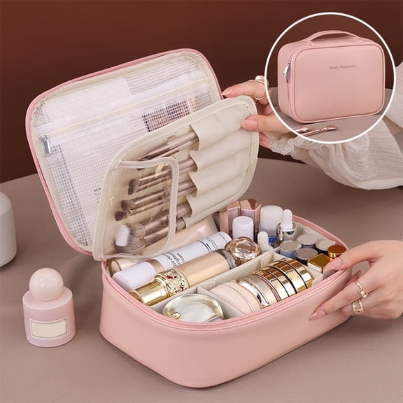 Travel Makeup Bag, Large Capacity Cosmetic & Toiletry Organizer Case for Women, Pinl