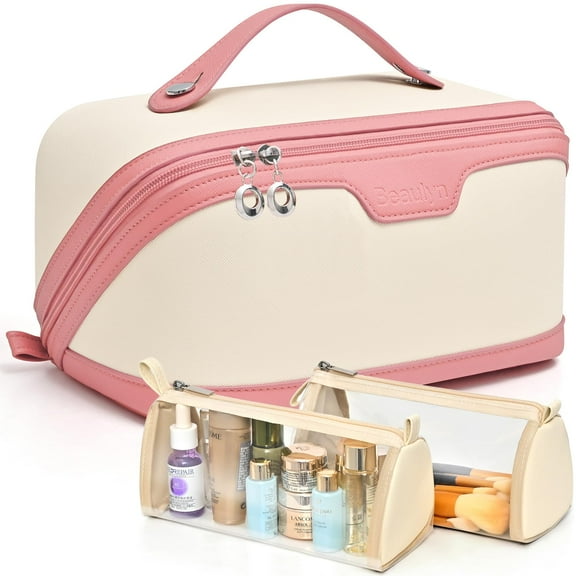 Travel Makeup Bag - Large Capacity Cosmetic Bag for Women, PU Leather Waterproof Lay Flat Toiletry Bag with Handle and Divider Open, Portable Makeup Organizer Bag for Travel