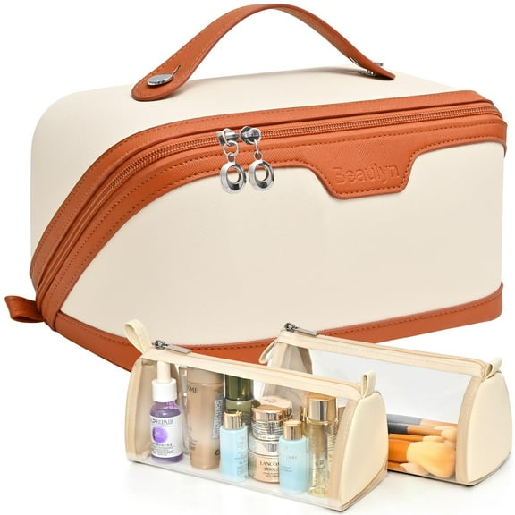 Travel Makeup Bag - Large Capacity Cosmetic Bag for Women, PU Leather Waterproof Lay Flat Toiletry Bag with Handle and Divider Open, Portable Makeup Organizer Bag for Travel