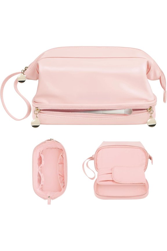 Travel Makeup Bag, Large Capacity Double Layer Bags for Women, Portable Make Up Skincare Pouch with Makeup Brush Organizer, Toiletry Bag for Essentials,