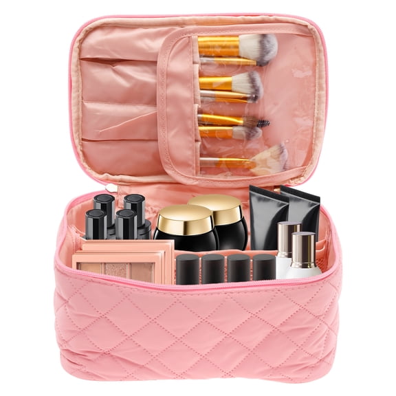 Travel Makeup Bag Large Capacity Portable Cosmetic Organizer Bag Polyester Women Toiletry Case with Divider and Handle for Home Travel Suitcase