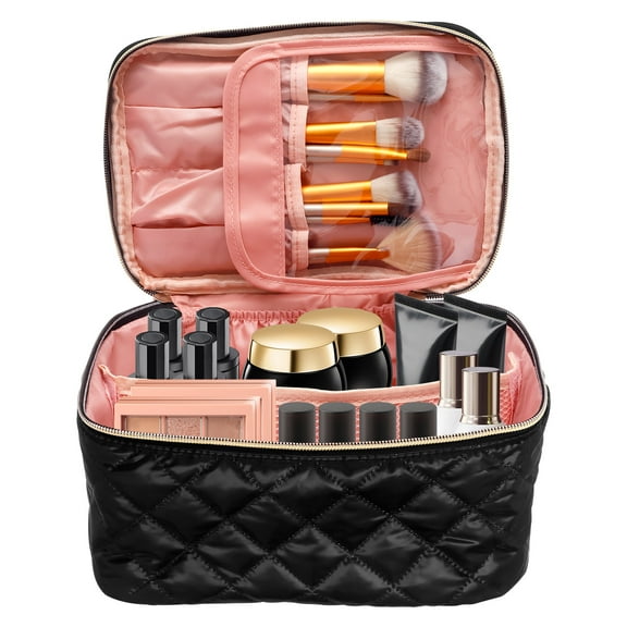 Travel Makeup Bag Large Capacity Portable Cosmetic Organizer Bag Polyester Women Toiletry Case with Divider and Handle for Home Travel Suitcase