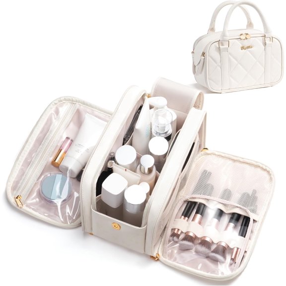 Travel Makeup Bag, Large Capacity Quilted Toiletry Bag for Women Stand-up Bag Open Flat Make Up Case Organizer Portable Pouch Purse w/Handle for Traveling Accessories White