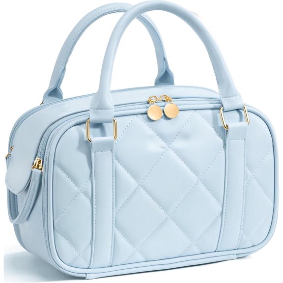 Travel Makeup Bag, Large Capacity Quilted Toiletry Bag for Women Stand-up Bag Open Flat Make Up Case Organizer Portable Pouch Purse w/Handle for Traveling Accessories, Blue