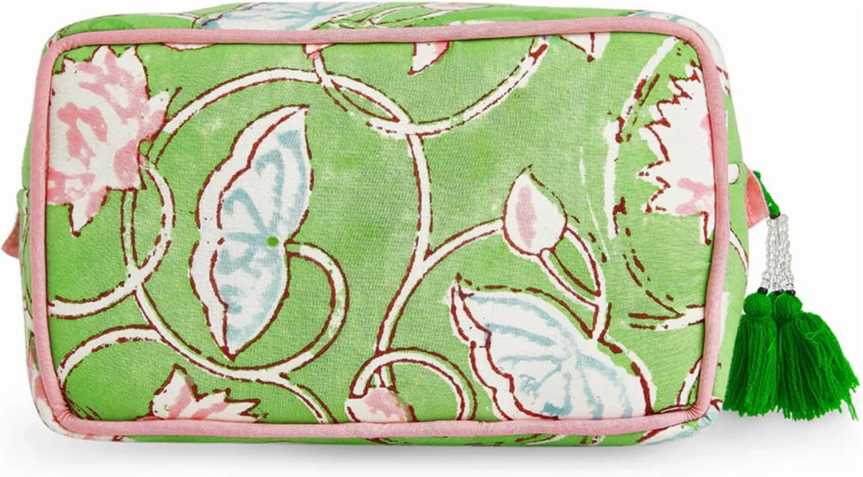 Travel Makeup Bag- Large acity Cosmetic Bags for Women - Water Resistance Lining Portable Pouch & Open Toiletry Bag - Perfect Girls Makeup Organizer for Travel Essentials (Lime & Pink Floral)