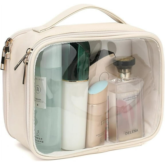 Travel Makeup Bag - Luxury Clear Cosmetic Bag with Zipper, Large Travel Toiletry Bags for Women, Makeup Organizer Bag with Detachable Brush Holder (Beige)