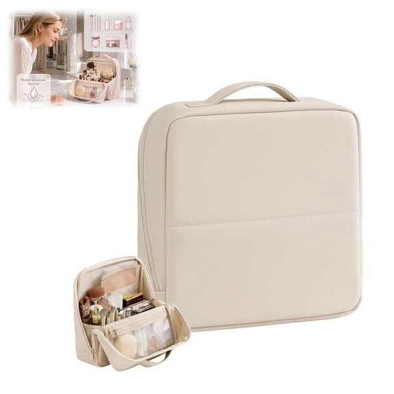 Travel Makeup Bag with Magnetic Fold-Down Flap – Waterproof Leather Cosmetic Organizer for Women, X-Large Multi-Zone Standing Storage, Fits Full-Size Bottles (Cream, 1PCS)