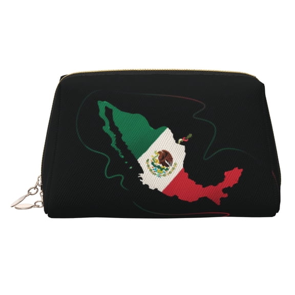 Travel Makeup Bag Mexico-Flag-Map Wide-open PU Leather Cosmetic Toiletry Pouch with Dividers & Zipper for Women Gold