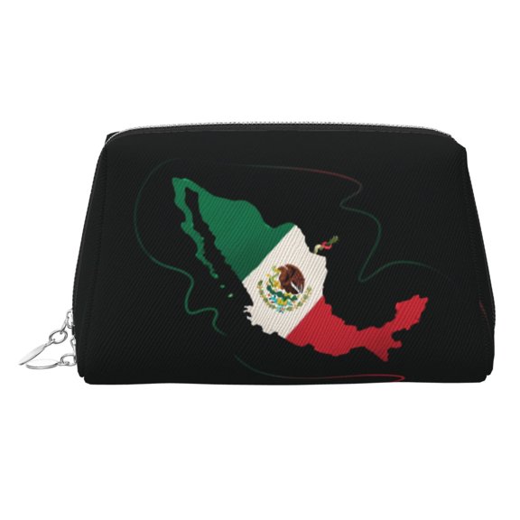 Travel Makeup Bag Mexico-Flag-Map Wide-open PU Leather Cosmetic Toiletry Pouch with Dividers & Zipper for Women Silver