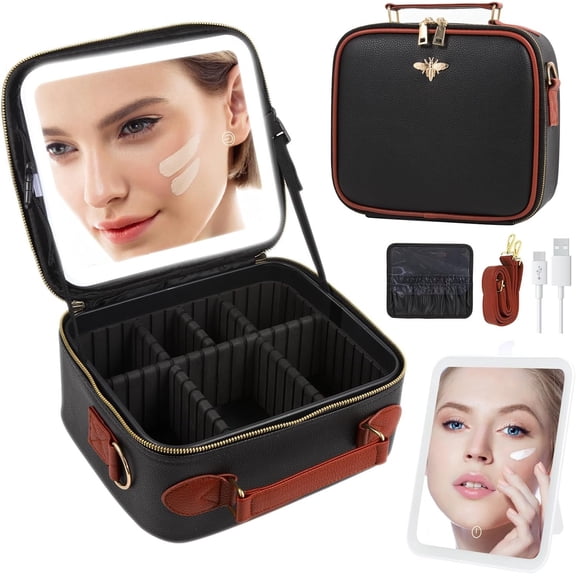 Travel Makeup Bag with Mirror of LED Lighted, Rechargeable Case Artist Makeup Organizer for Women with Adjustable Dividers, Makeup Brushes Holder and Strap (CosMirr-Black02)