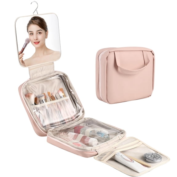 Travel Makeup Bag with Mirror, Large Capacity Makeup Organizer, Pink Cosmetic Case, Hanging Toiletry Bag, Portable Cosmetic Storage Bag, 10.6 x 4.3 x 9.4 in