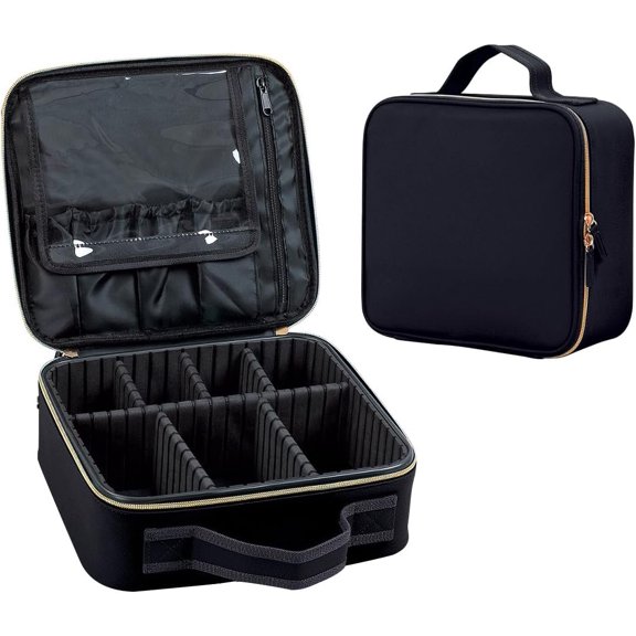 Travel Makeup Bag Organizer Case,with Adjustable Dividers Light Portable Storage for Makeup, Brushes, Toiletries, , and Digital Accessories-Black