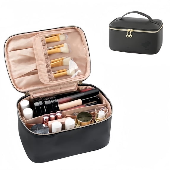 Hydeng Makeup Bag, Large Capacity Cosmetic Travel Bag for Women ,Waterproof PU Leather, Flat Open Portable Toiletry Bag for Skincare, Brushes