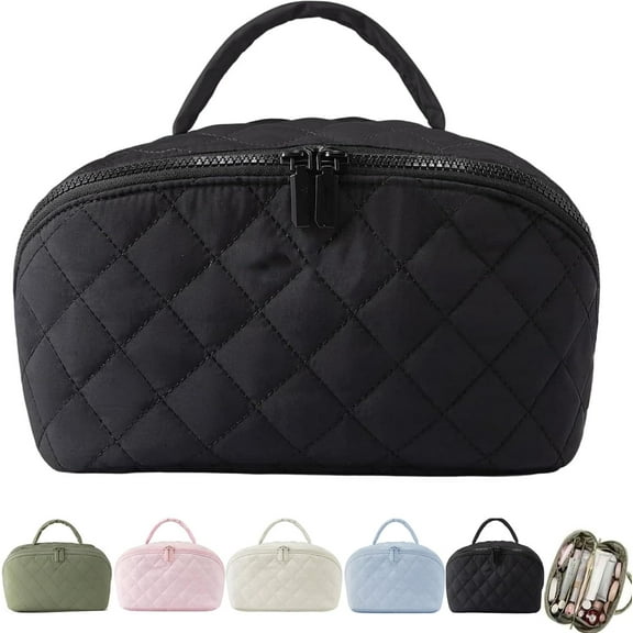 Travel Makeup Bag, Puffer Waterproof Cosmetic Organizer with Brush Compartment & Handle, Large Capacity Toiletry Bag (Pink, Medium)