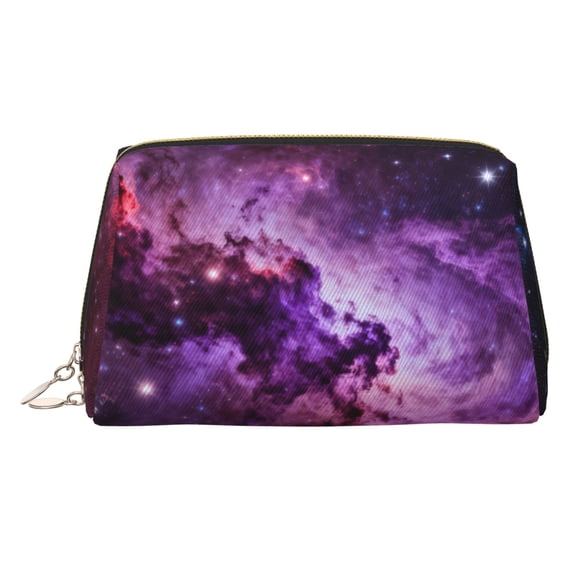Travel Makeup Bag Purple Nebula Space Galaxy Wide-open PU Leather Cosmetic Toiletry Pouch with Dividers & Zipper for Women Gold