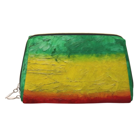 Travel Makeup Bag Reggae-Rastafarian-Flag Wide-open PU Leather Cosmetic Toiletry Pouch with Dividers & Zipper for Women Gold