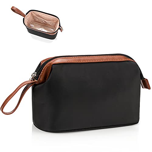 Travel Makeup Bag, Small Cosmetic Bags for Women,Large Capacity Portable Cosmetic bag Storage Organizer for Purse Everyday Use (Small,Black-Brown)