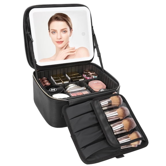 Travel Makeup Bag With LED Mirror, Cosmetic Train Case with Light up Portable Artist Organizer Adjustable Dividers, Brush Holder Storage, Black
