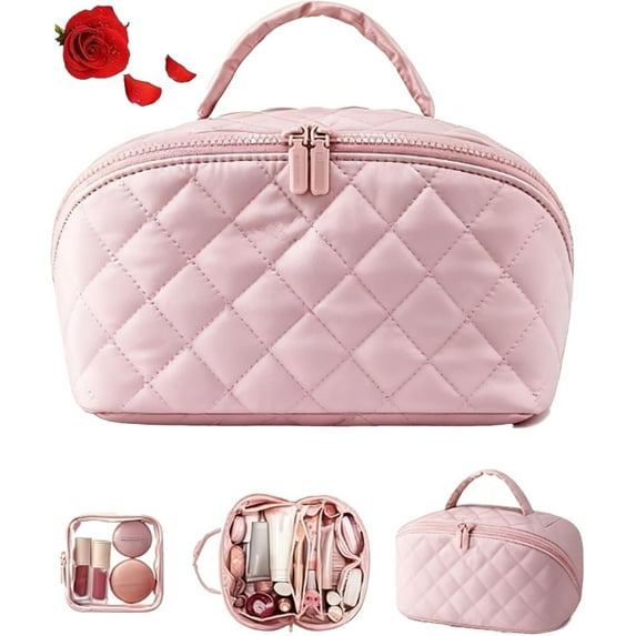 Travel Makeup Bag For Woman, 180° Lay-Flat Design, Large Capacity Makeup Organizer Pouch Open Flat Toiletry Bag, Waterproof & Machine-Washable Puffy Toiletry Bag For Full-Size Skincare (Beige)