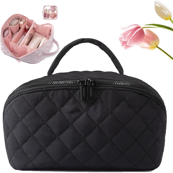 Travel Makeup Bag for Woman, 180° Lay-Flat Design, Large Capacity makeup organizer Pouch Open Flat Toiletry Bag, Triple-Proof Interior, Portable Puffer cosmetic bags for Toiletries, Brushes