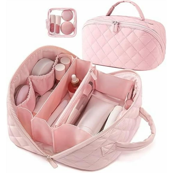 Travel Makeup Bag for Woman, 180° Lay-Flat Design, Large Capacity makeup organizer Pouch Open Flat Toiletry Bag, Triple-Proof Interior, Portable Puffer cosmetic bags for Toiletries, Brushes(Pink)