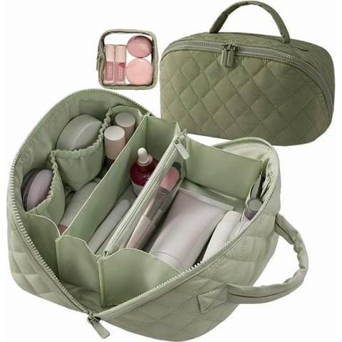 Travel Makeup Bag for Woman, 180° Lay-Flat Design, Large Capacity makeup organizer Pouch Open Flat Toiletry Bag, Triple-Proof Interior, Portable Puffer cosmetic bags for Toiletries, Brushes(Green)