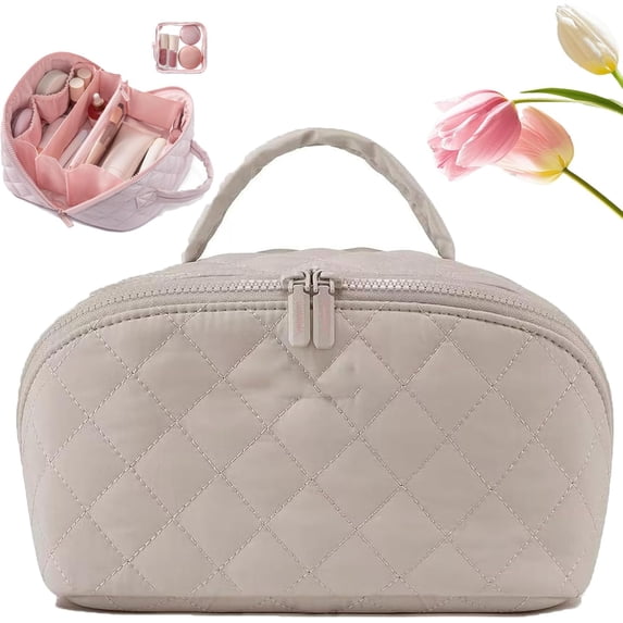 Travel Makeup Bag for Woman, 180° Lay-Flat Large Capacity Puffy Padded Cosmetic Organizer Pouch, Triple-Proof Waterproof Wide-Open Toiletry Bag for Toiletries & Brushes