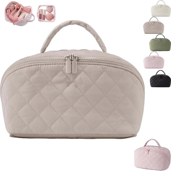 Travel Makeup Bag for Woman, 2026 New Wide Open Lay-Flat Water-Resistant Cosmetic Case with Compartments, Large Capacity Organizer for Toiletries & Brushes