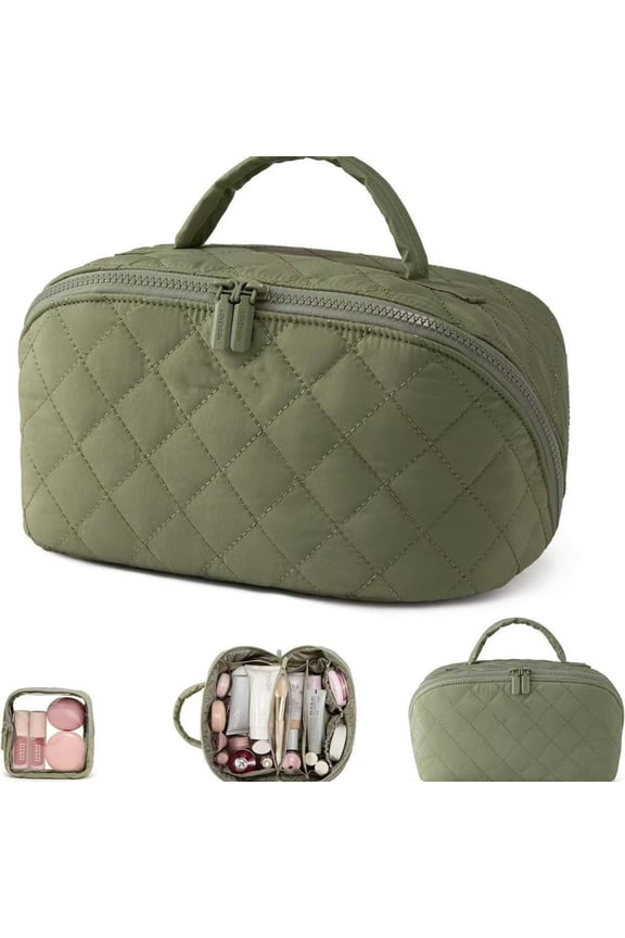 Travel Makeup Bag for Woman, Set Makeup Bags with Compartments Large Capacity Pouch Open Flat Small Toiletry, Puffer Waterproof Cosmetic Organizer Portable Bag for Business Trips