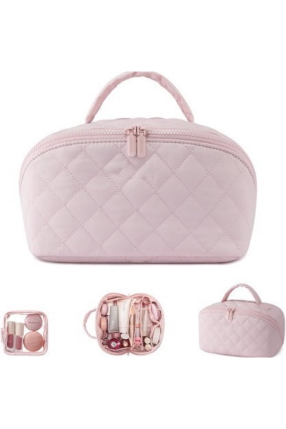 Travel Makeup Bag for Woman, Set Makeup Bags with Compartments Large Capacity Pouch Open Flat Small Toiletry, Puffer Waterproof Cosmetic Organizer Portable Bag for Business Trips