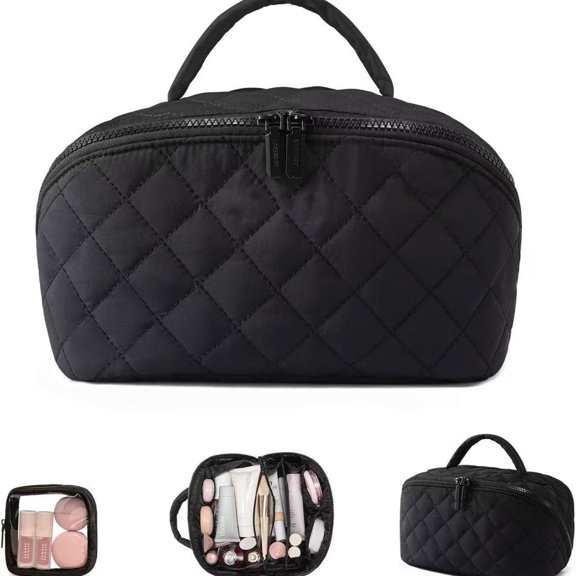 Travel Makeup Bag for Woman, Set Makeup Bags with Compartments Large Capacity Pouch Open Flat Small Toiletry, Puffer Waterproof Cosmetic Organizer Portable Bag for Business Trips
