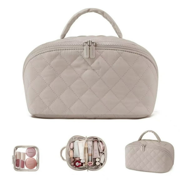 Travel Makeup Bag for Woman, Set Makeup Bags with Compartments Large Capacity Pouch Open Flat Small Toiletry, Puffer Waterproof Cosmetic Organizer Portable Bag for Business Trips