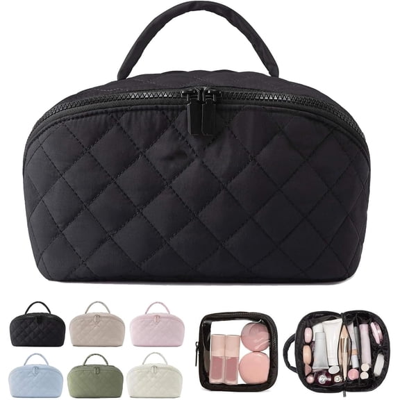 Travel Makeup Bag for Woman - Wide Open Lay-Flat Puffy Cosmetic Organizer with Compartments, Large Capacity Water-Resistant Toiletry Case for Brushes & Cosmetics