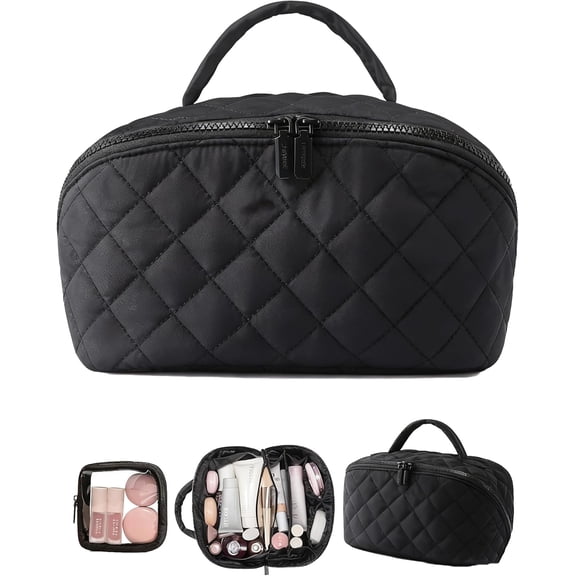 Travel Makeup Bag for Women, 180° Lay-Flat Cosmetic Organizer with 5 Compartments, Waterproof & Machine-Washable Puffy Toiletry Bag for Full-Size Skincare, Brushes & Essentials (A)