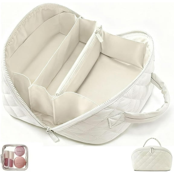 Travel Makeup Bag for Women, 2Pcs Puffer Waterproof Cosmetic Organizer, Large Capacity Pouch Open Flat Small Toiletry Bag with Brush Compartment & Handle (white, Medium/1pcs)