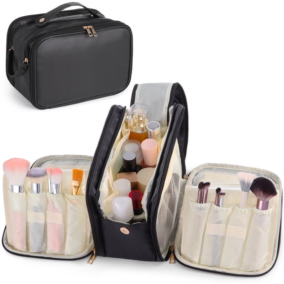Travel Makeup Bag for Women, Large Capacity Cosmetic Organizer, Multi-Layer Toiletry Bag with Handle, Waterproof PU Leather Portable Makeup Zippered Case with Standing Brush Holder
