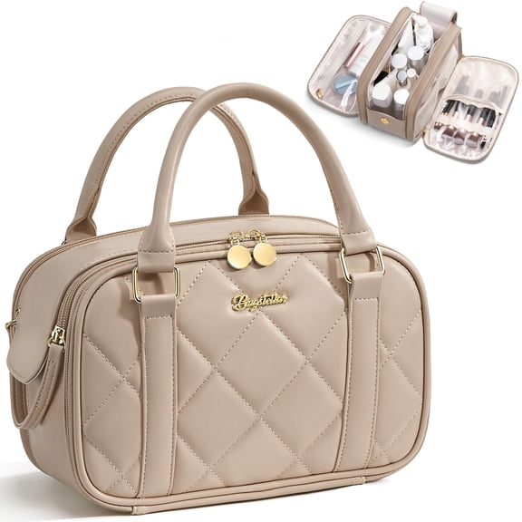 Travel Makeup Bag for Women, Large Capacity Quilted Toiletry Bag Stand-up Cosmetic Bag PU Leather Makeup Case Toiletry Organizer with Handle and Divider for Travel Essential, Taupe
