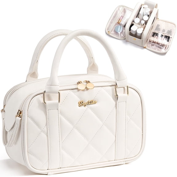 Travel Makeup Bag for Women, Large Capacity Quilted Toiletry Bag Stand-up Cosmetic Bag PU Leather Makeup Case Toiletry Organizer with Handle and Divider for Travel Essential, Ivory White