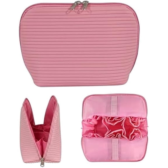 SELVORIA Travel Makeup Bag for Women, Waterproof Stand up Cosmetic Bag with Brush Holders, Fold-Down Design for Skincare, Toiletries & Essentials (Pink, Medium)