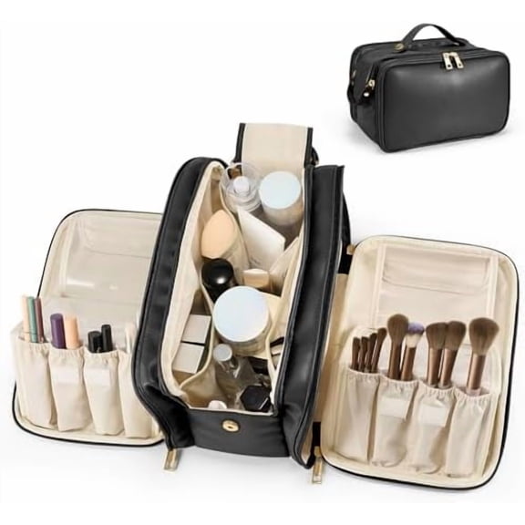 Travel Makeup Bag Women's Large Capacity Cosmetic Portable Organizer Large Opening Waterproof Storage Toiletry Bags Vertical Free-Standing Brush Holder for Easy Access Black