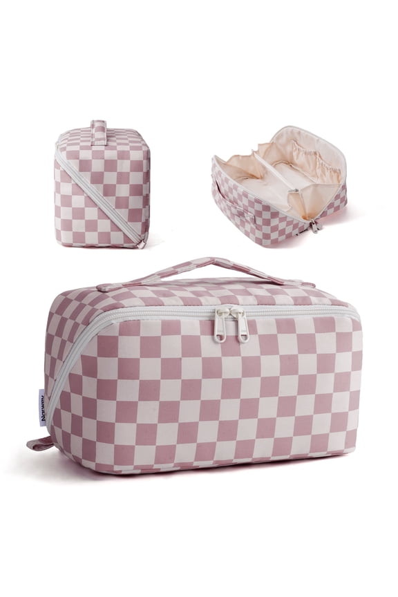 Travel Makeup Bag for Women, Large Capacity Portable Cosmetic Bags Make up Organizer Pouch with Handle, Flat Open Toiletry Bag for Toiletries, Brush