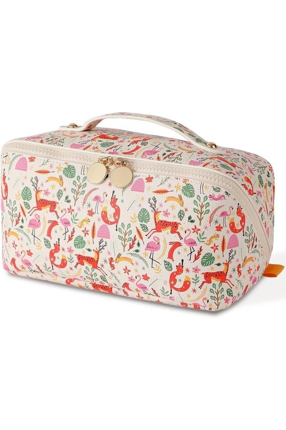 Travel Makeup Bag for Women, Large Organizer with Open-Flat Design, Clear Divider & Handle - PU Leather Toiletry Pouch